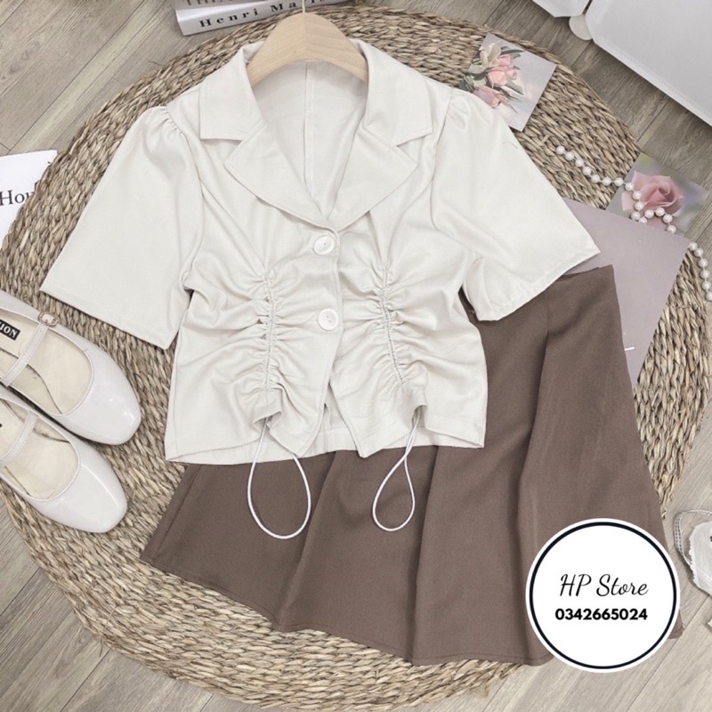 Sét áo cổ vest nhúm 2 bên mix chân váy xếp ly to siêu xinh