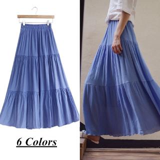 Chân váy dài eo thun vải cotton + linen thời trang đi biển phong cách xuân thu cao cấp