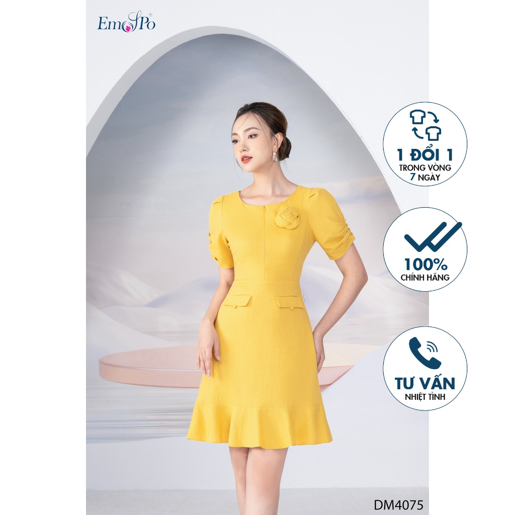 Đầm A, túi hai bên, đính hoa, tay bồng Emspo DM4075