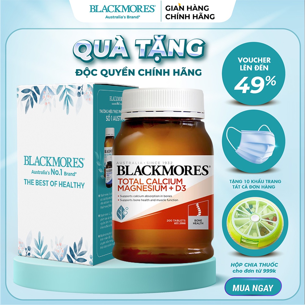 [Chính hãng Úc] Viên uống bổ sung Canxi, Magie, D3, hỗ trợ xương khớp Total Calcium &amp;Magnesium+D3 Blackmores Úc 200 viên