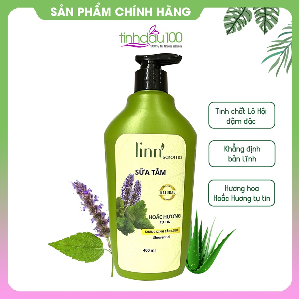 Sữa tắm Linn Saroma Hoa hồng, Oải hương, Sả chanh dưỡng ẩm, sáng da, hương thơm thư giãn chai 400ml Tinh Dầu 100 Shop