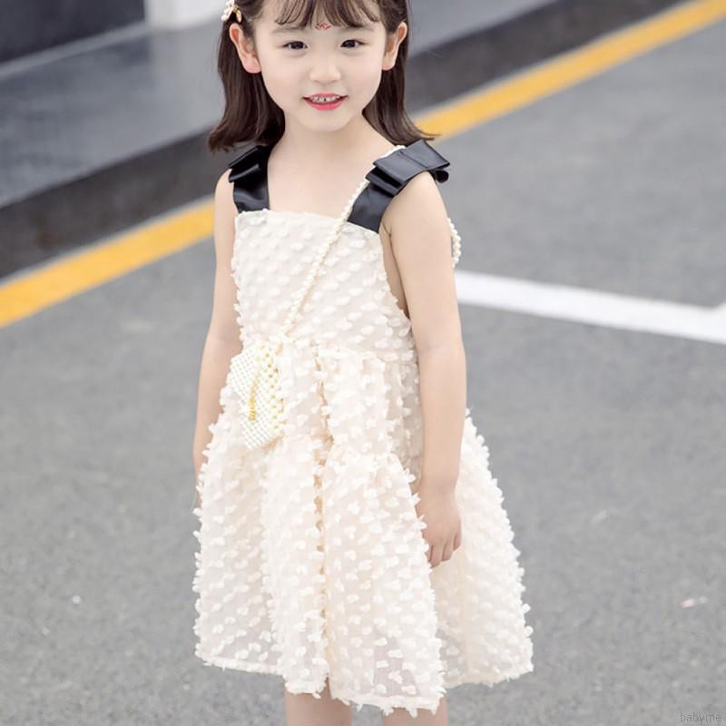 Đầm công chúa phối ren nơ thoáng khí 1 màu bằng cotton cho bé gái