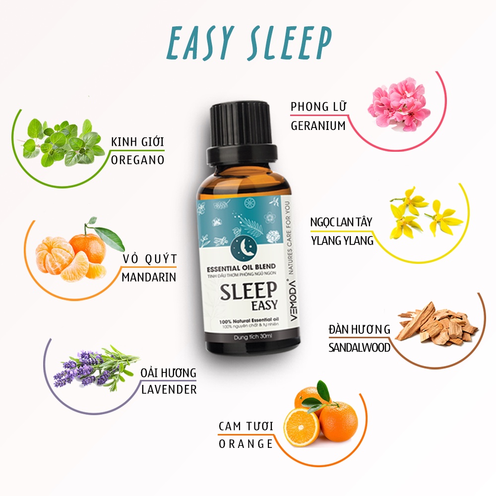 Tinh dầu ngủ ngon Sleep easy 10ml Vemoda. Xông phòng giúp thư giãn, nâng cao chất lượng giấc ngủ, sâu giấc