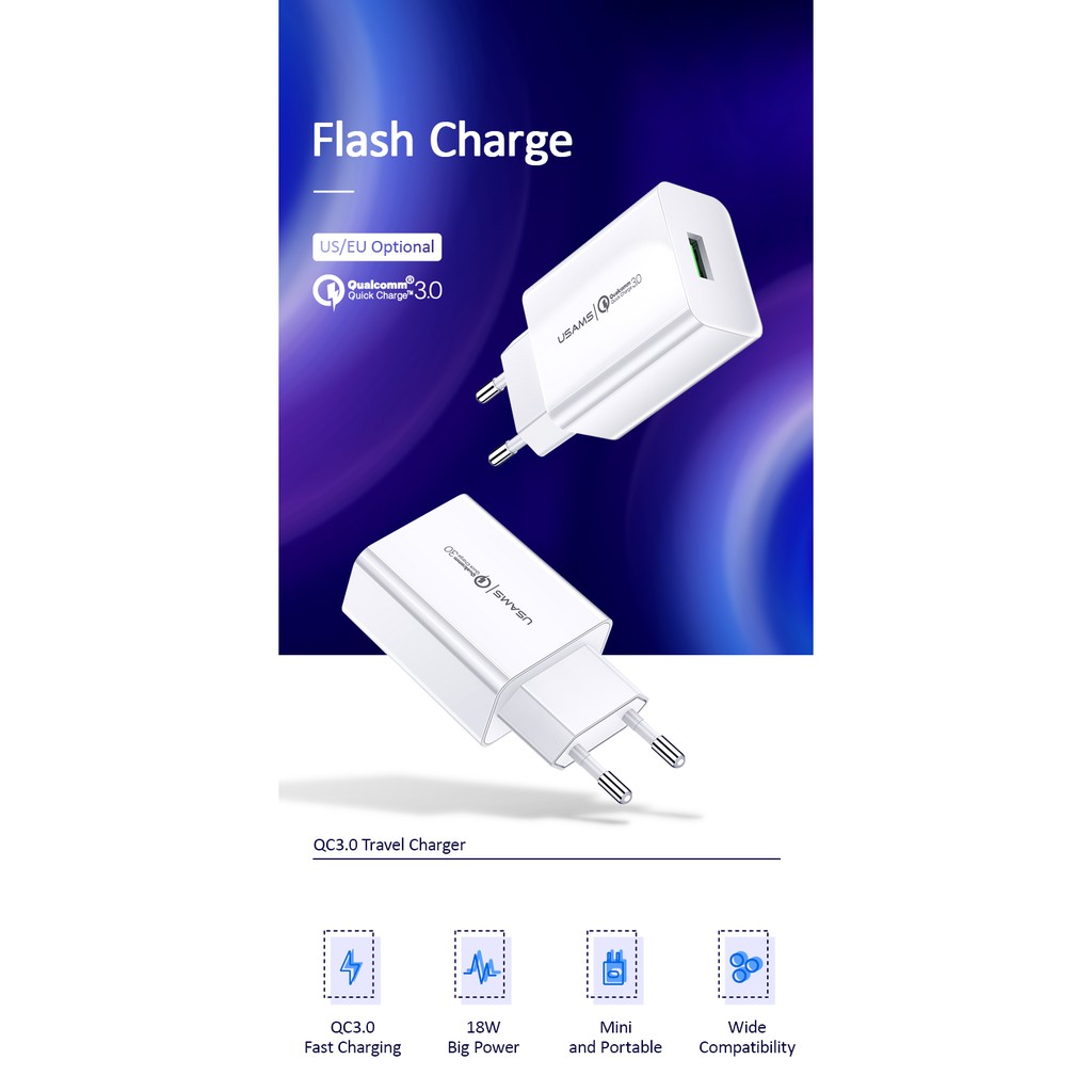 Ổ Cắm Sạc Nhanh USAMS T22 Kết Nối Usb Hỗ Trợ Qc3.0 Dành Cho Iphone Oppo Samsung Huawei Vivo Xiaomi