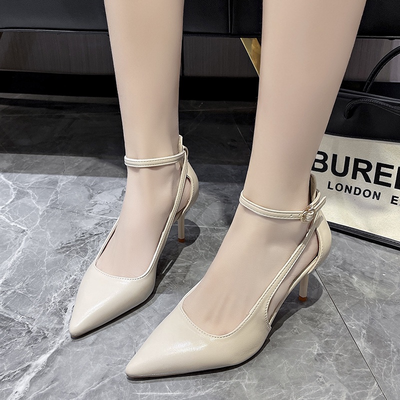 Giày Cao Gót Da Mũi Nhọn Dây Mắt Cá Chân Màu Đen Thời Trang Công Sở Cho Nữ