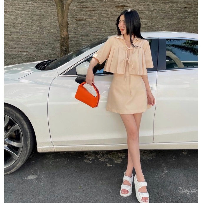 Set đồ nữ áo croptop cột dây thắt nơ và chân váy chữ A lưng cao sang chảnh tiểu thư ST128