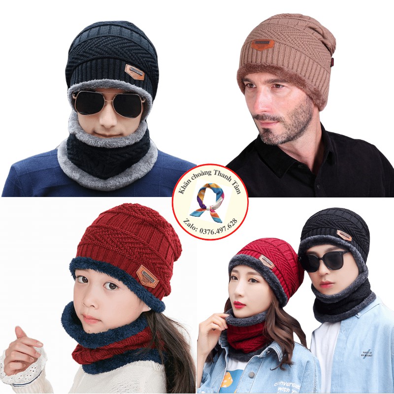 COMBO Mũ len trùm đầu kèm khăn ống choàng cổ bên trong lót lông giữ ấm mùa đông cao cấp