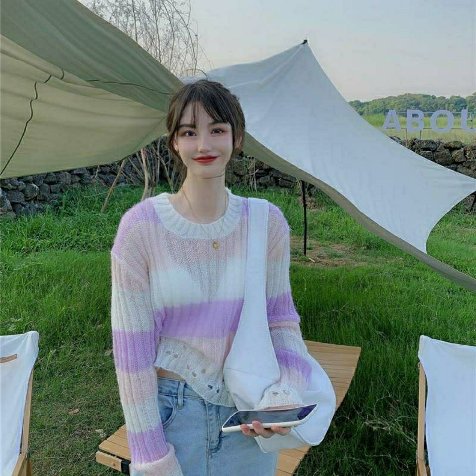 Jiashucheng Áo Sweater Tay Dài Dáng Rộng Ngắn Màu Gradient Phong Cách Hàn Quốc Mùa Thu Cho Nữ
