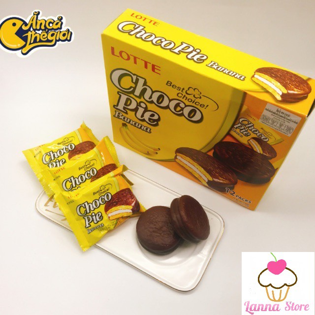 Chocopie LOTTE vị Cacao, Trà Xanh , Chuối hộp 336g (12 bánh) - Hàn Quốc 🇰🇷.