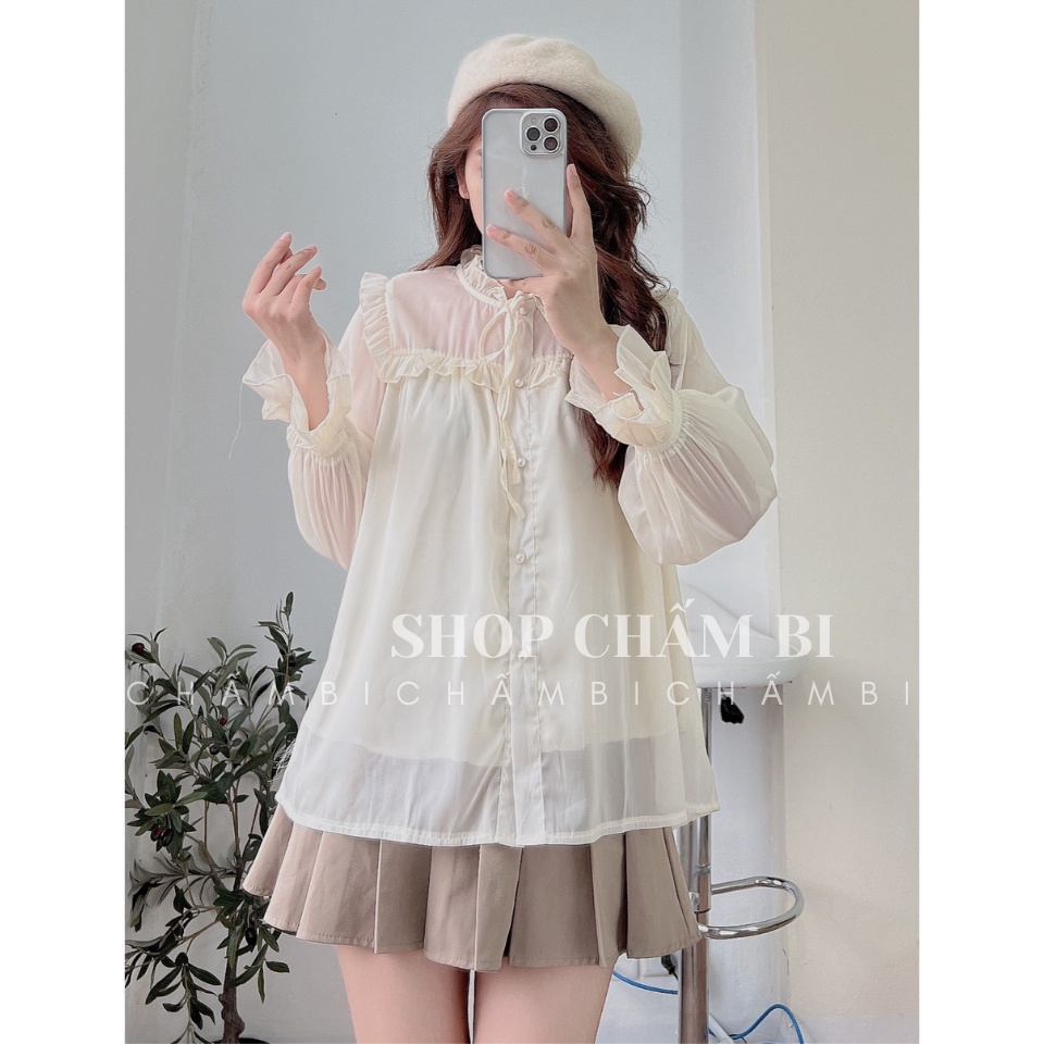 Áo sơ mi bánh bèo A.285, Áo sơ mi dáng babydoll cổ bèo thắt nơ cùng tay bèo cúc ngọc 2 màu ngọt ngào