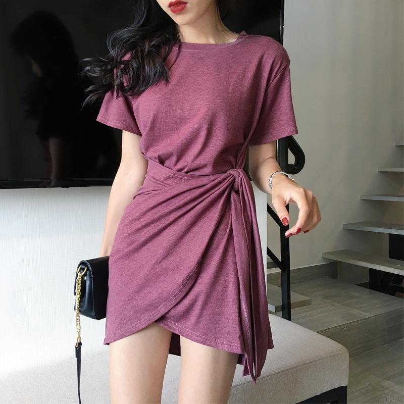 Đầm Tay Ngắn Cổ Tròn Màu Trơn Thiết Kế Đơn Giản Thời Trang Hàn Quốc