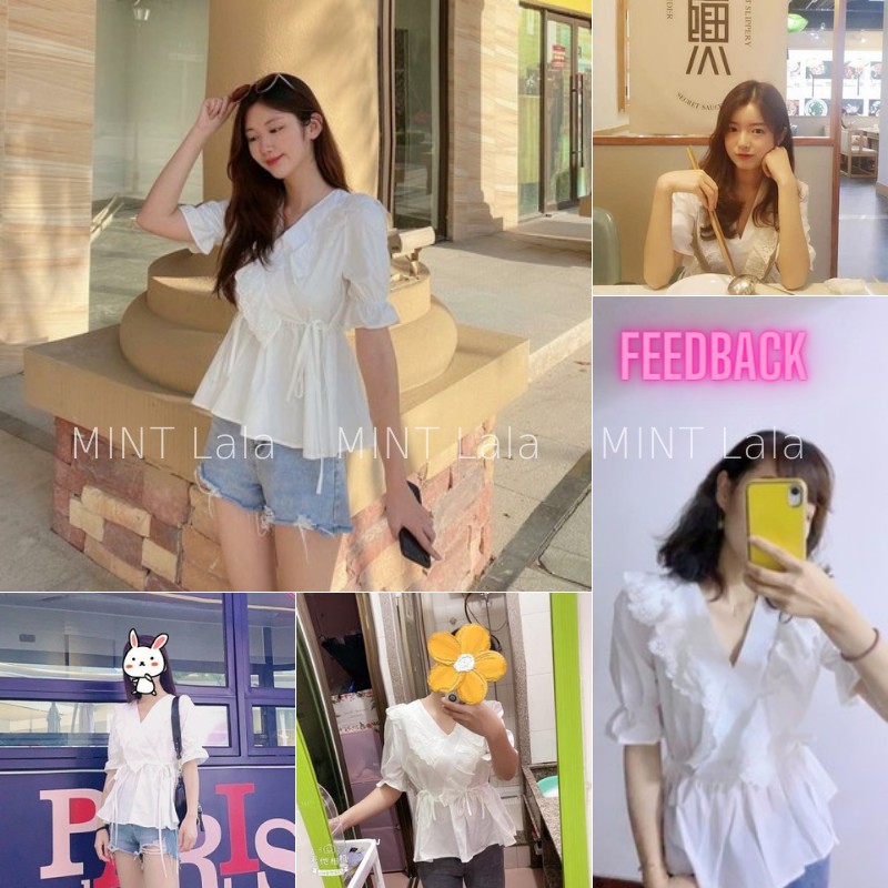 Áo Kiểu Hàn Quốc Ngắn Tay Rút Dây Eo Cổ V MORAN