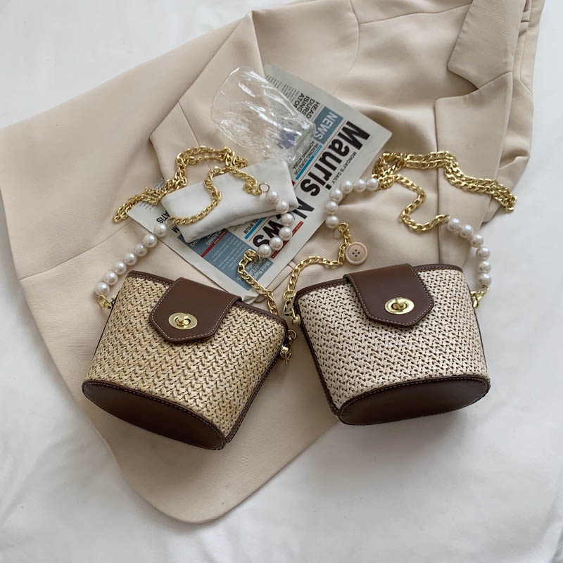 IELGY Túi Đeo Vai Dáng Xô Đính Ngọc Trai Phối Dây Xích Thời Trang Cho Nữ