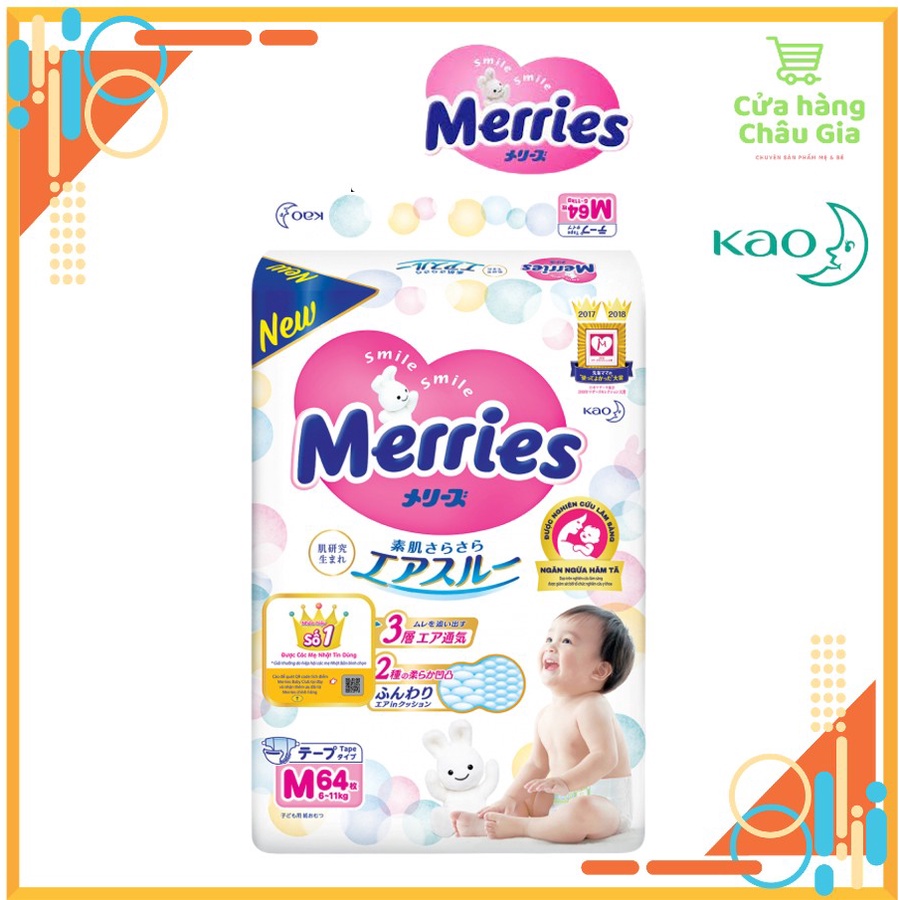 Tã/Bỉm DÁN Merries nội địa Nhật Size NB90/S82/M64/L54/XL44.