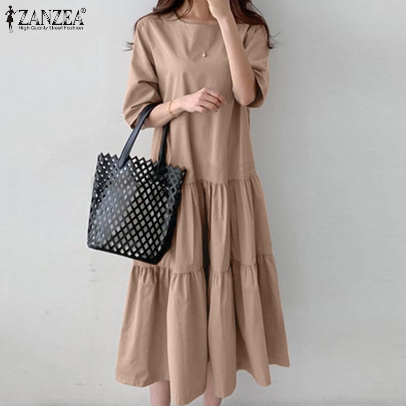 Đầm nữ ZANZEA tay lỡ cổ tròn thanh lịch thời trang