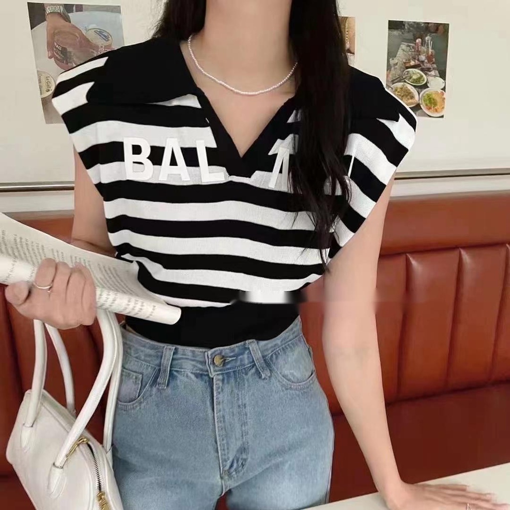 Áo Thun polo Kẻ Sọc In Chữ Phong Cách retro Hàn Quốc Trẻ Trung