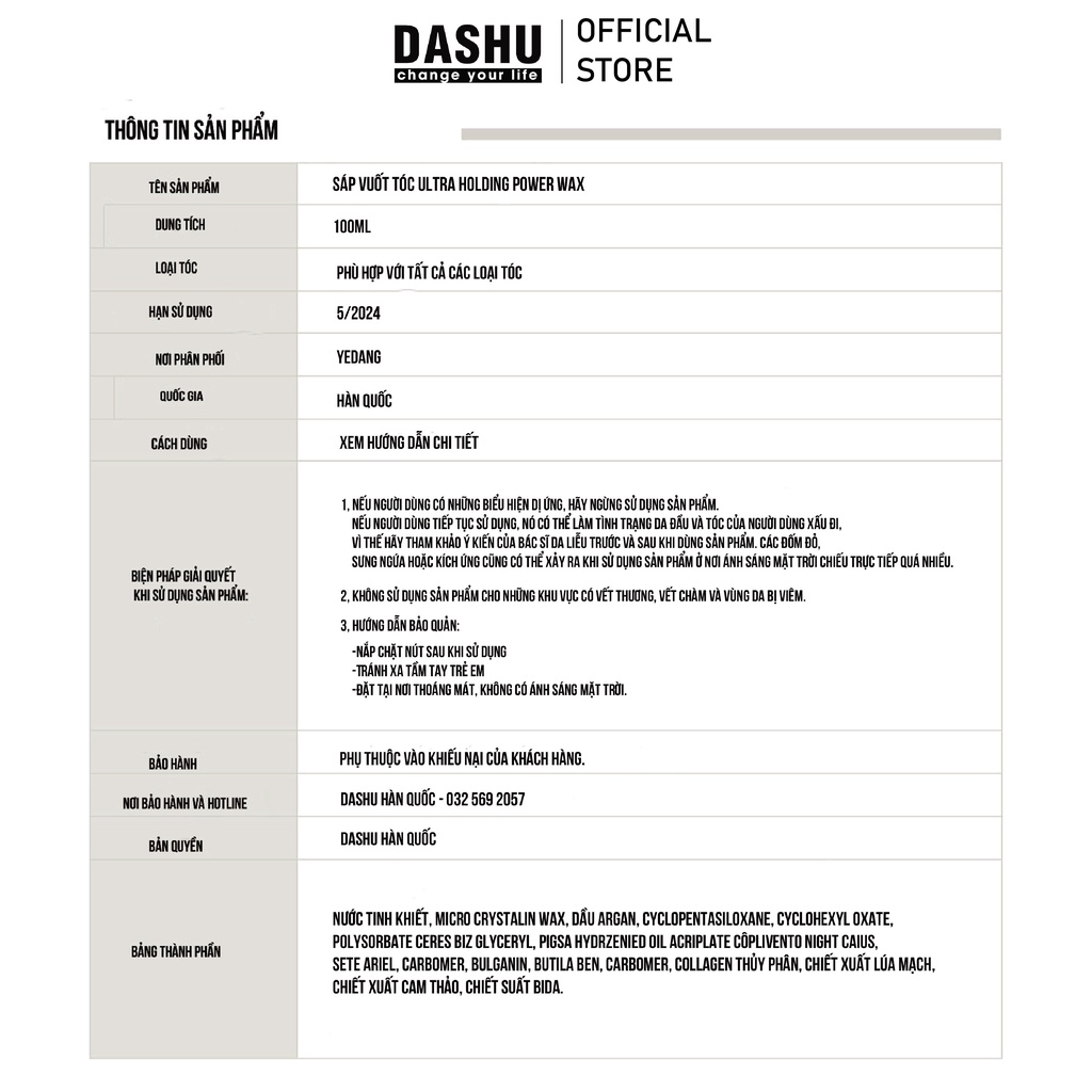 [Chính Hãng] Sáp vuốt tóc Dashu For Men Premium Ultra Holding Power 100ml (XANH)