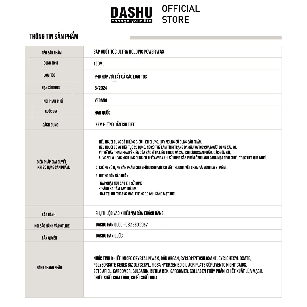 Sáp vuốt tóc Dashu For Men Premium Ultra Holding Power 100ml
