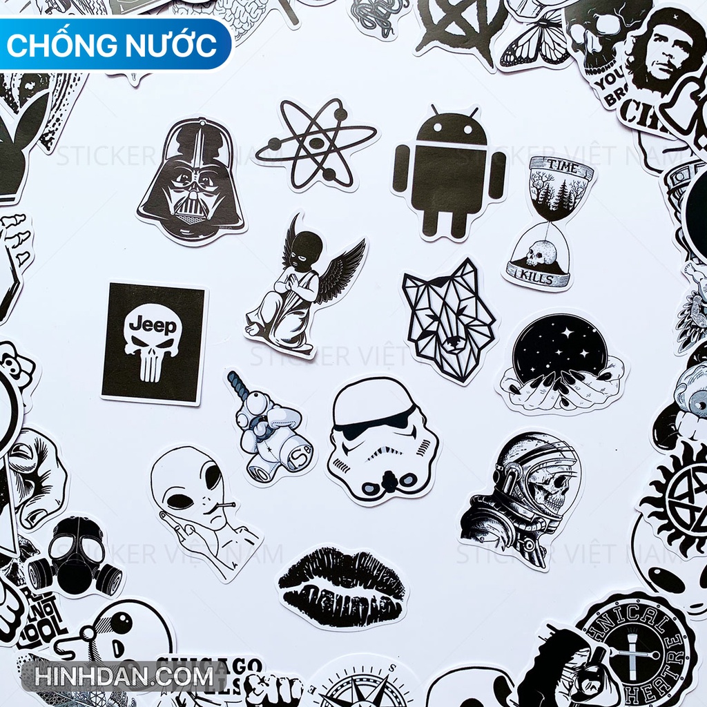 Sticker TRẮNG ĐEN - Black White ngầu Chống Nước Trang Trí Va Li, Xe, Laptop, Nón Bảo Hiểm, đàn guitar