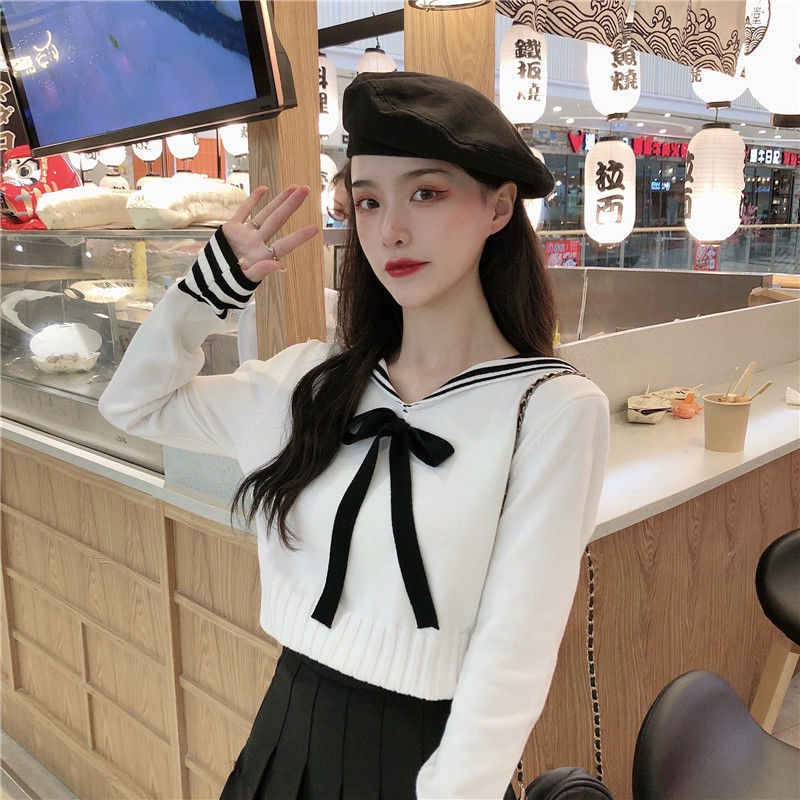 Áo sweater dệt kim chui đầu dáng rộng cổ hải quân phong cách ngọt ngào thời trang thu đông 2020 mới cho nữ