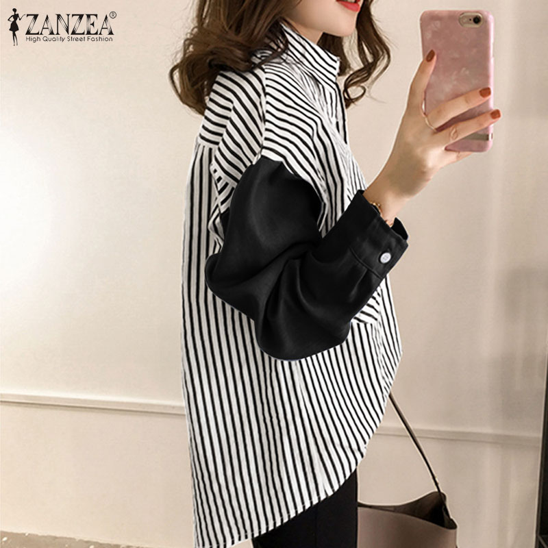 Áo Sơ Mi ZANZEA Dài Tay Có Họa Tiết Sọc Thiết Kế Giản Dị Cho Nữ