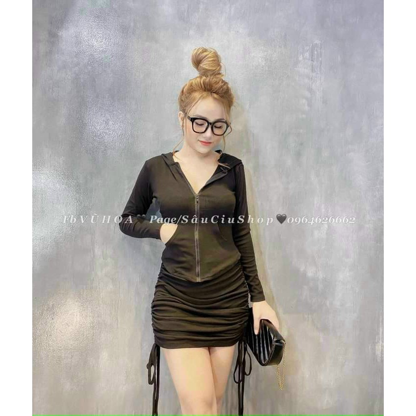 Set chân váy rút dây 2 bên kèm áo tay dài kiểu áo khoác xinh