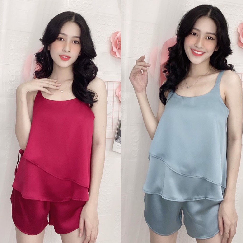 Bộ đồ pijama mặc nhà lụa satin cao cấp quần đùi áo 2 dây thời trang - CRSB004