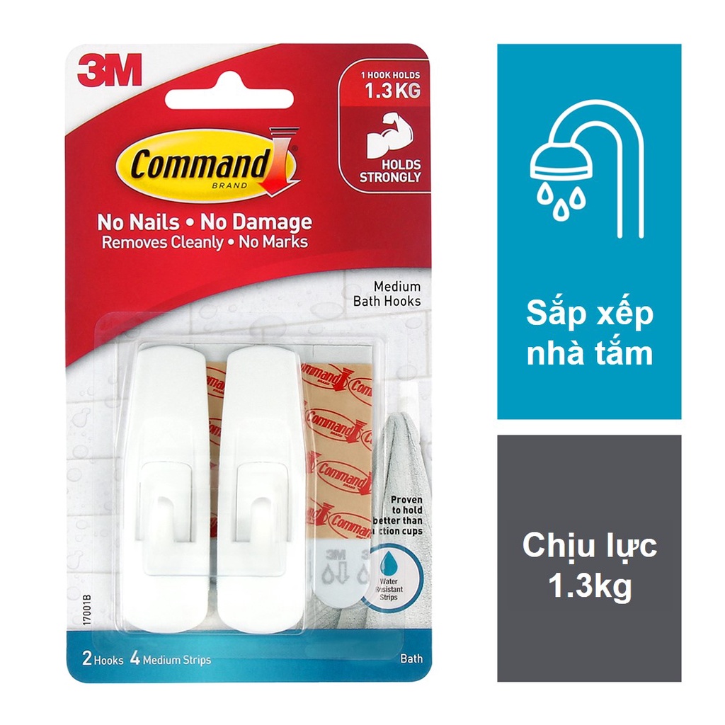 Móc Treo Nhà Tắm Chống Thấm Nước ,Dán Tường Đa Năng 3M Command 17001 Vỉ 2 Cái Siêu Dính 1,3KG,Dùng Treo Quần Áo,Túi Sách