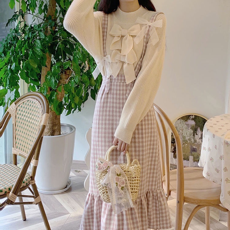 Set áo sweater dáng rộng + chân váy yếm thời trang thu đông mới cho nữ