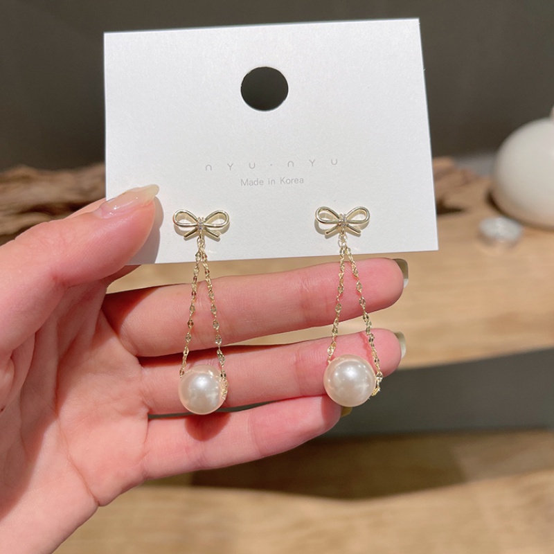 Bông Tai Dáng Dài Phối Nơ Đính Ngọc Trai Nhân Tạo Thời Trang