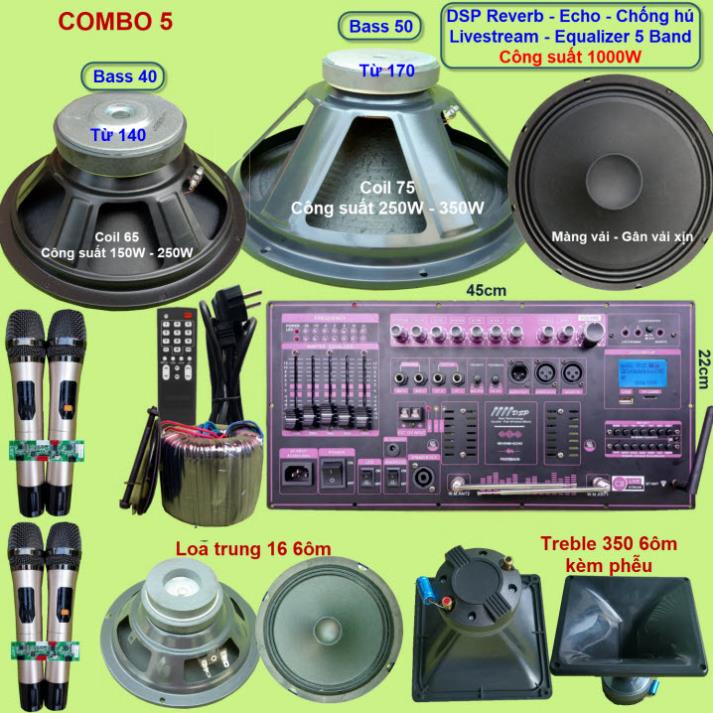 Mạch loa kéo 3 loa công suất thực 1000W DSP Reverb Echo Livestream có chống hú - Equalizer 5 Band kèm 4 tay micro