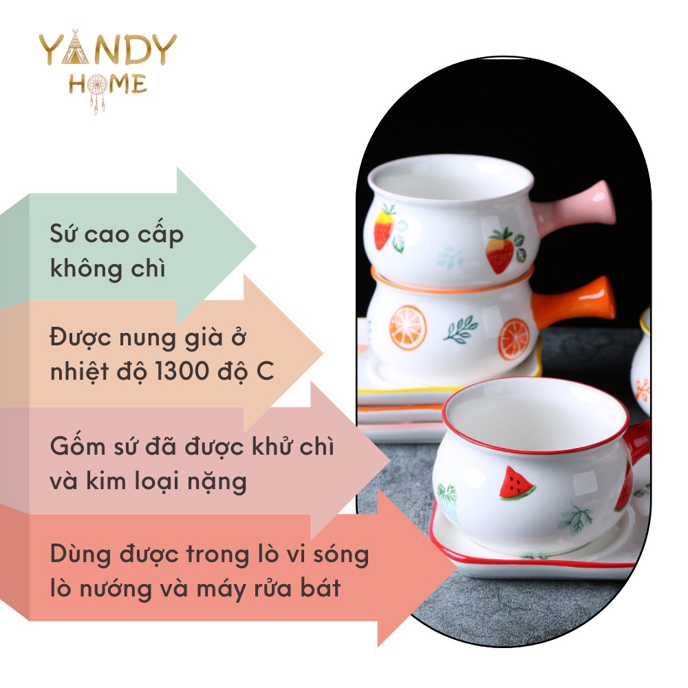 Bộ bát sứ có tay cầm kèm đĩa chữ nhật YANDY HOME BB08 quánh có dĩa gốm men cao cấp