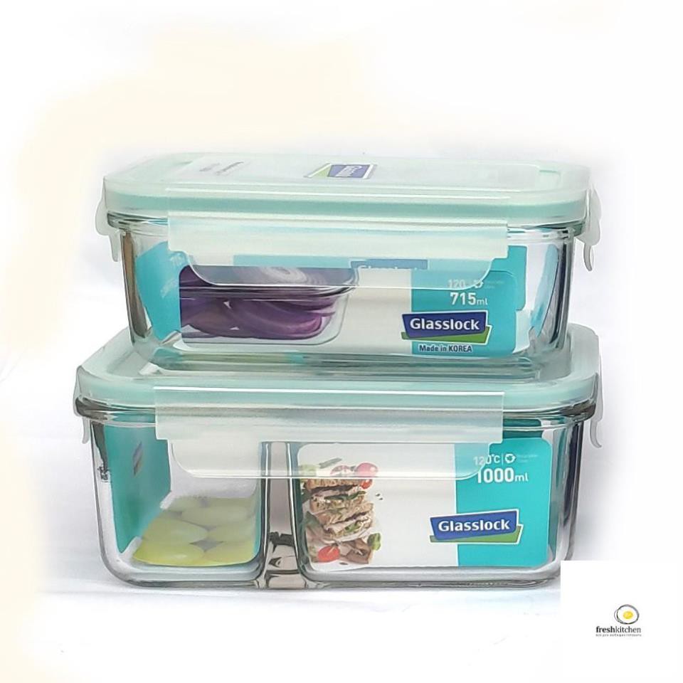 Set 2 hộp đựng cơm văn phòng 715ml, hộp chia ngăn 1000ml kèm túi giữ nhiệt GLASSLOCK