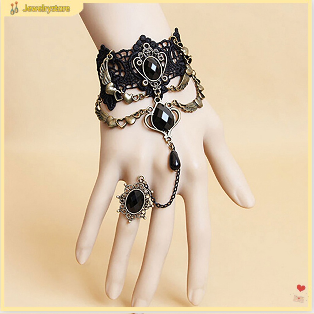 Vòng tay dây xích nối nhẫn bằng hợp kim phối ren hoa đính đá phong cách gothic cổ điển cho nữ