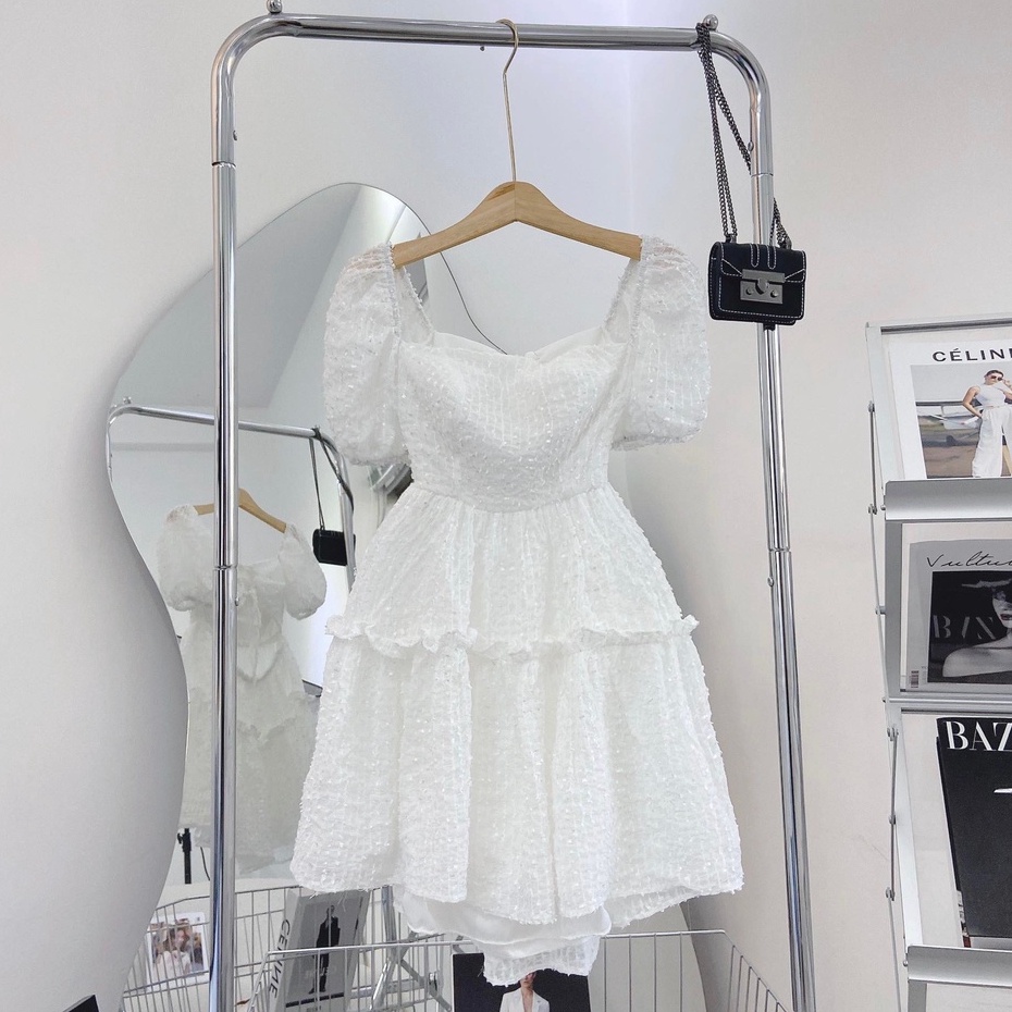 maxi đi biển,đầm tay phồng tùng xòe nhún tầng cổ vuông xinh xắn
