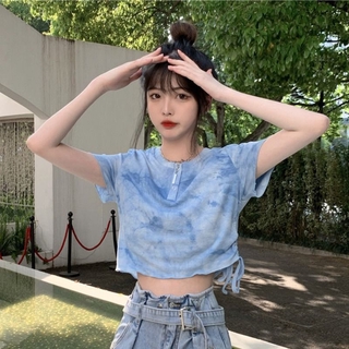 Áo thun ngắn tay hở rốn màu xanh dương nhuộm loang thời trang