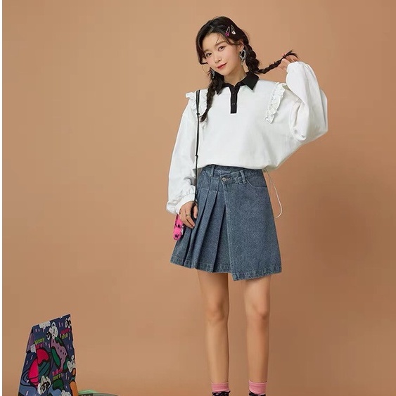 Áo thun polo nữ dài tay dây rút phối viền bèo nhún dàng ngắn Croptop ALALA thu đông