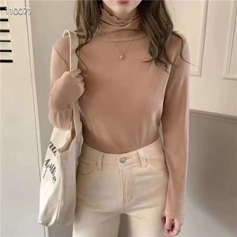 Áo thun nữ tay dài có cổ voan Quảng Châu, Áo phông nữ dài tay cổ voan SUNA FASHION