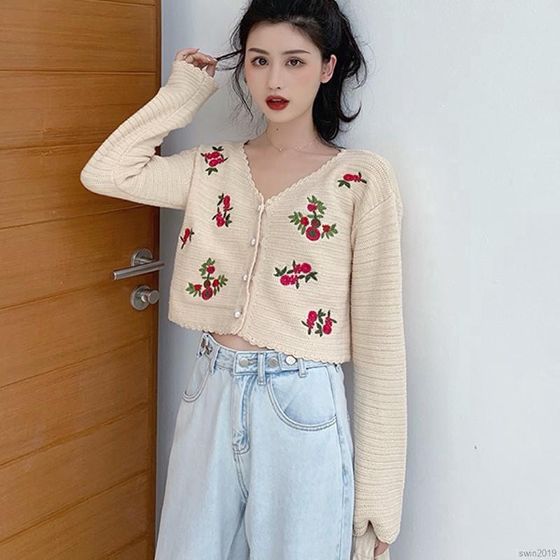 Áo khoác len cardigan thêu họa tiết phong cách retro xinh xắn thời trang cho nữ