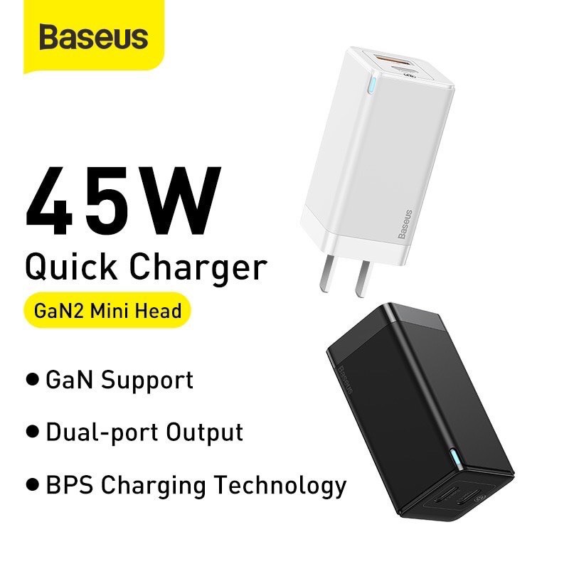 ✅BỘ SẠC NHANH BASEUS GAN MINI QUICK CHARGE 45W High Power TYPE C to TYPE -Hàng Chính Hãng