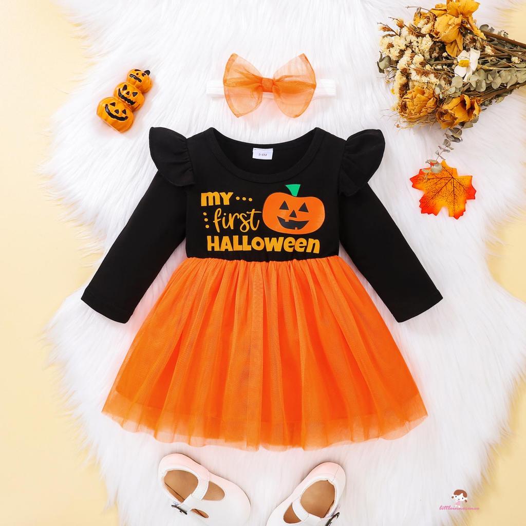 Đầm Tay Dài Phối Lưới In Chữ My First Halloween Xinh Xắn Cho Bé Gái