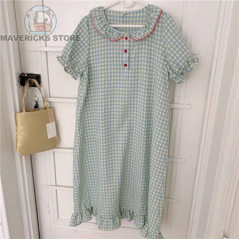 Váy ngủ tay ngắn cổ búp bê kẻ sọc caro màu xanh lá xinh xắn phong cách thời trang Hàn Quốc