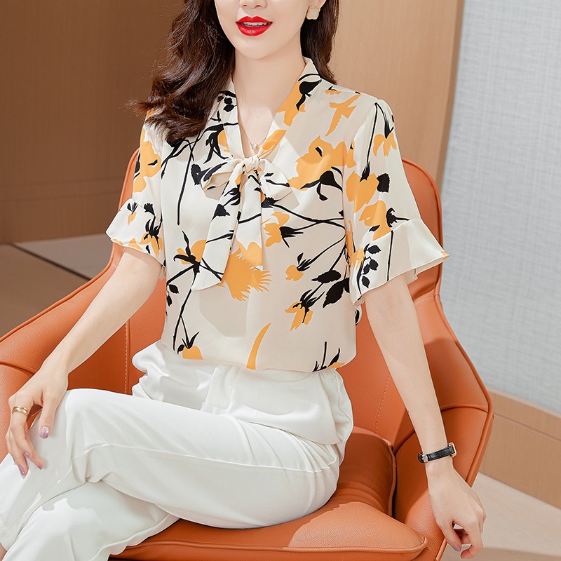 Áo Sơ Mi Chiffon Tay Ngắn Thắt Nơ In Họa Tiết Thời Trang Hàn Quốc Cho Nữ Size L-5XL