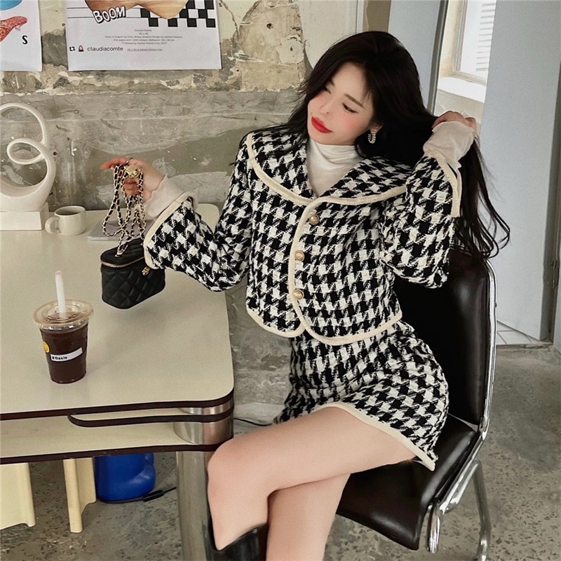Set áo khoác cardigan dài tay+chân váy ngắn hoạ tiết răng sói houndstooth chic ulzzang SAM SAM BOUTIQUE