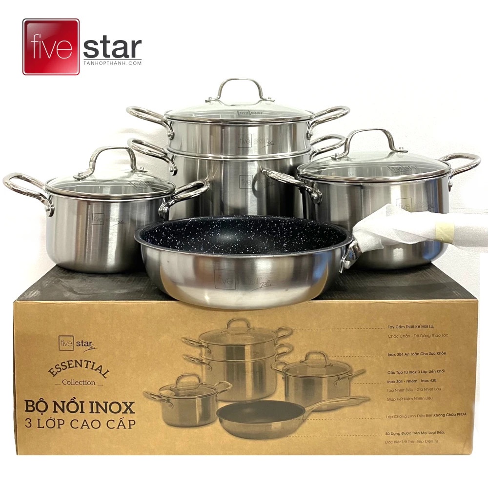 Bộ Nồi Xửng Chảo Chống Dính Inox 304 Fivestar Plus FPB5006 thân đúc đáy liền 5 món Dùng Bếp Từ