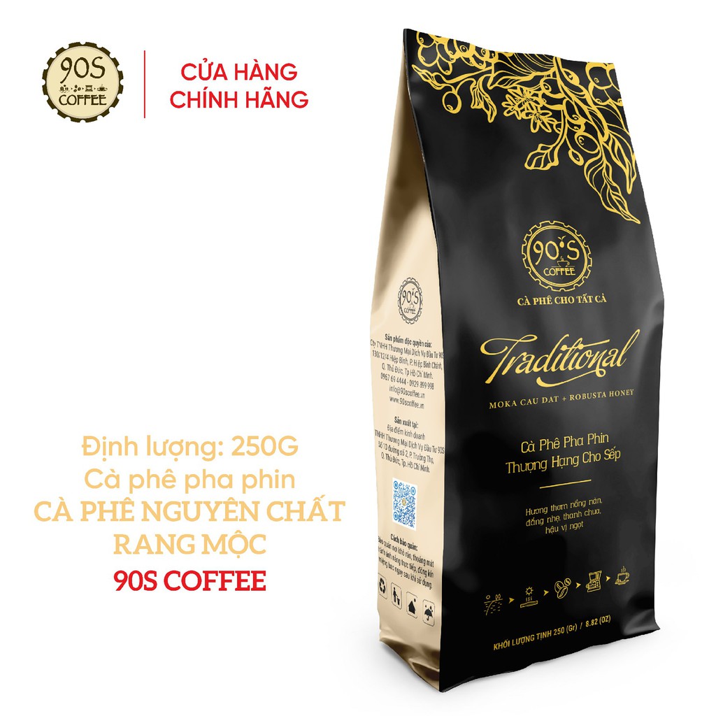 250Gr Cà Phê Traditional Phối Robusta Honey&Moka Chuyên Pha Phin Rang Mộc Nguyên Chất |100% Cà Phê Sạch| 90S Coffee VN