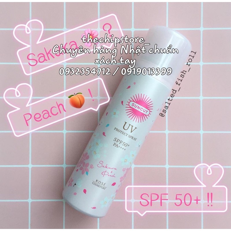 ( Hàng Nhật chuẩn store, có bill ) Kem Chống Nắng Kose Suncut UV Protect Spray Sakura & Peach SPF50+ PA++++