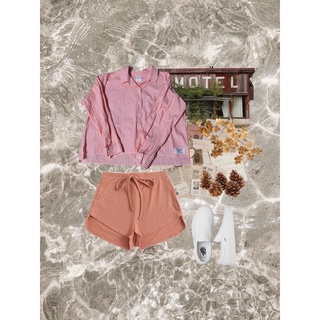 (2HAND ITEM) Áo sơ mi sọc cam hồng pastel dáng crop top