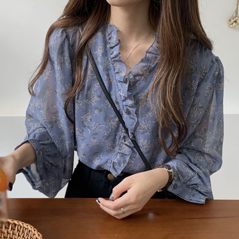 Áo Sơ Mi Tay Dài Chất Chiffon Hoạ Tiết Hoa Thiết Kế Dáng Rộng Che Nắng