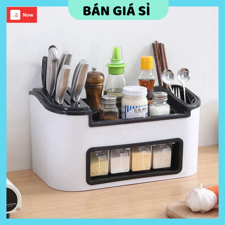 Đồ dùng nhà bếp  GIÁ VỐN] Hộp đựng gia vị tiện dụng cao cấp có khay cắm dao và đũa muỗng, có lưới thoát nước 7678